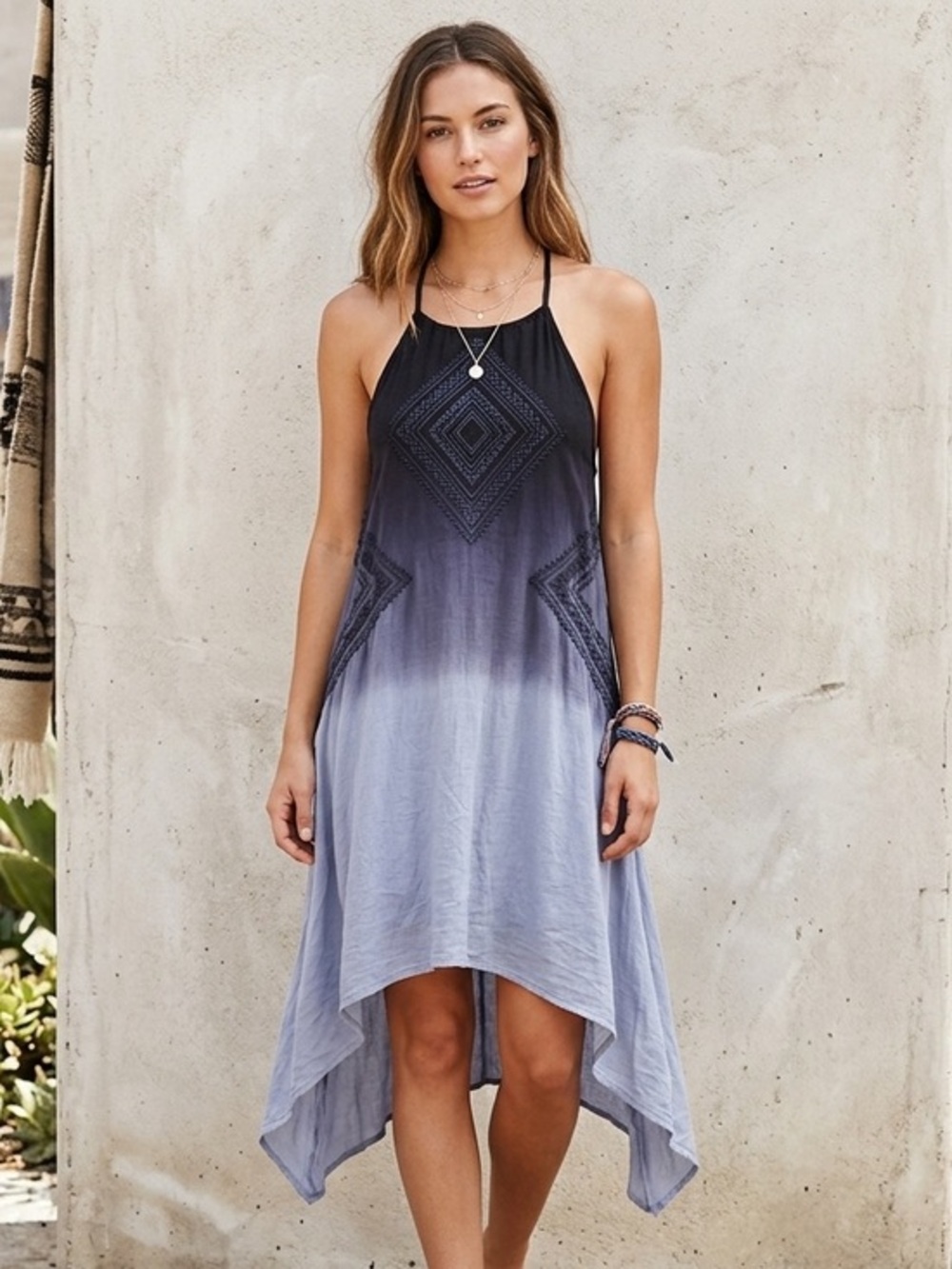 Alya Ombre Halter Dress XS Blue Asymmetrical Hem Boho Sheer Festival Beach Maxi